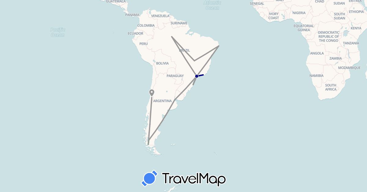 TravelMap itinerary: driving, bus, plane in Argentina, Brazil, Chile (South America)
